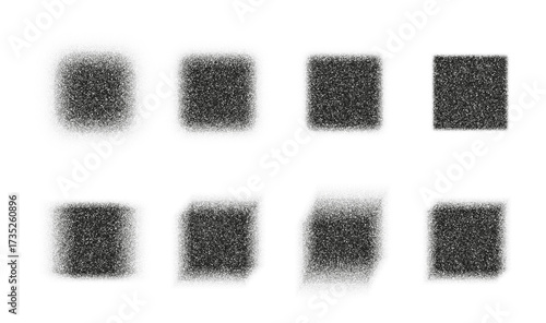 Set of blurry noisy square shapes, grain halftone gradient texture, black and white stipple abstract dotted noise pattern, grunge geometric element for poster, cover, digital background design