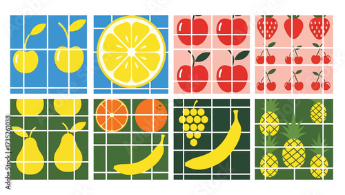 A colorful collection of eight stylized fruit patterns on tiled backgrounds, including lemon, cherry, apple, and pineapple.
