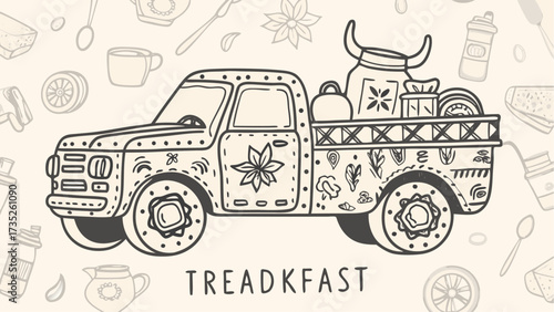 Doodle style illustration of a truck bed filled with kitchenware and the word treadkfast at the bottom center