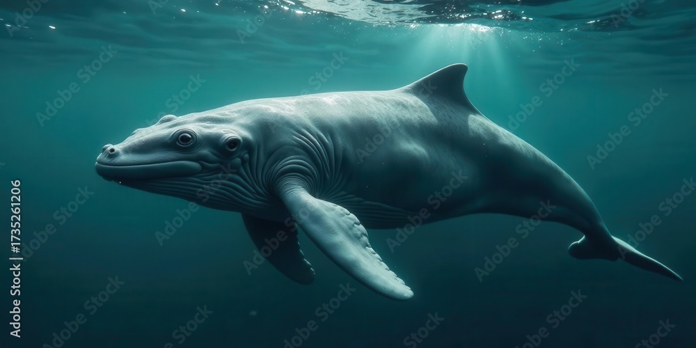 Naklejka premium A graceful whale glides effortlessly through the deep ocean's tranquil embrace, sunlight filtering from above