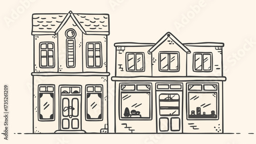 Illustration of two adjacent two story buildings with storefronts and windows in a simple line drawing style