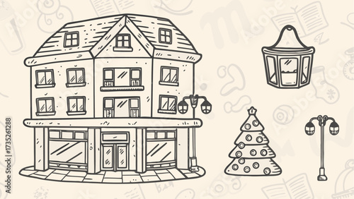 Illustration of a three story building with christmas tree and street lights in a doodle style design
