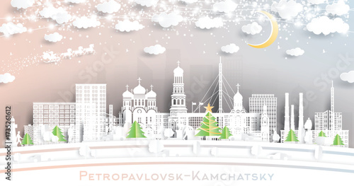 Petropavlovsk-Kamchatsky. Russia. Winter city skyline in paper cut style with snowflakes, moon and neon garland. Christmas and new year. Santa Claus on sleigh. Cityscape with landmarks.