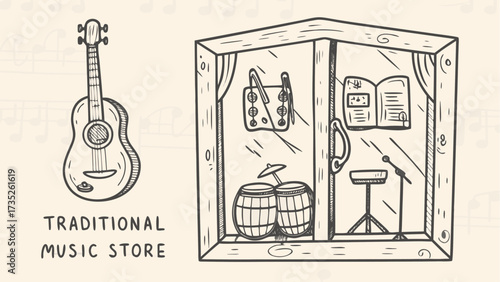 Illustration of a guitar and a music store display case featuring various instruments and accessories inside it