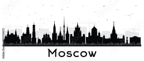 Moscow Russia city skyline silhouette with black buildings isolated on white. Illustration. Moscow cityscape with landmarks. Travel and tourism concept with modern and historic architecture.