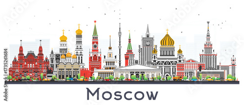 Moscow Russia city skyline with color buildings isolated on white. Moscow cityscape with landmarks. Travel and tourism concept with modern and historic architecture.