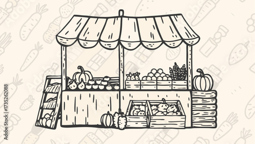 Illustration of a produce stand with various fruits vegetables and pumpkins on display in crates and shelves