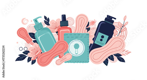 Feminine hygiene products and personal care items are arranged artistically with floral elements.