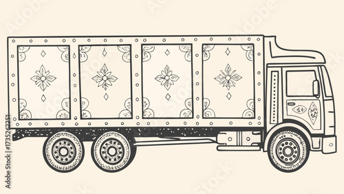Illustration of a long truck with detailed patterns on its side panels and wheels in black and white