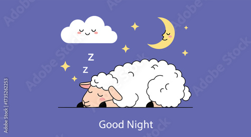 A fluffy sheep peacefully sleeps under the starry night sky with a smiling moon and clouds.