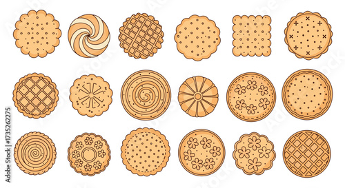 A diverse collection of various circular and square shaped cookies with different decorative patterns and textured surfaces.