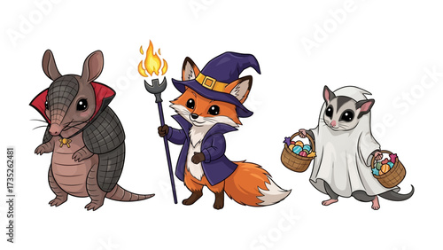 Whimsical Halloween Trio: An enchanting illustration showcasing a charming trio of Halloween characters: an armadillo, a fox, and a sugar glider.
