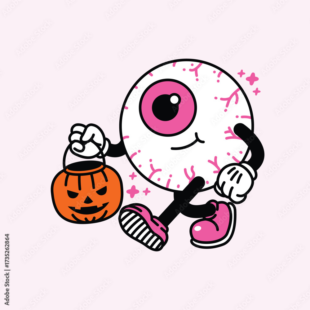 Naklejka premium Cute Eyeball Character with Pumpkin Basket for Halloween.
