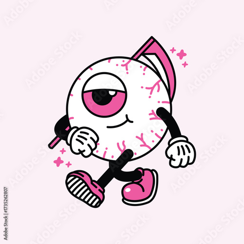 Cartoon Eyeball Character with Pink Accents and Knife.