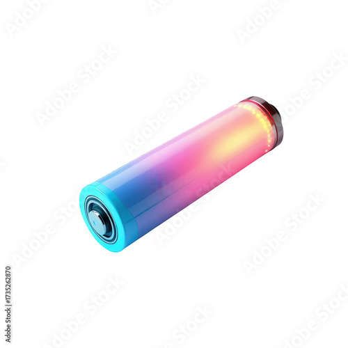 Digitally rendered cylindrical object illuminated with a gradient of vibrant blue, pink, and yellow colors, showcasing a modern and eye-catching visual against a stark black backdrop, creating a...