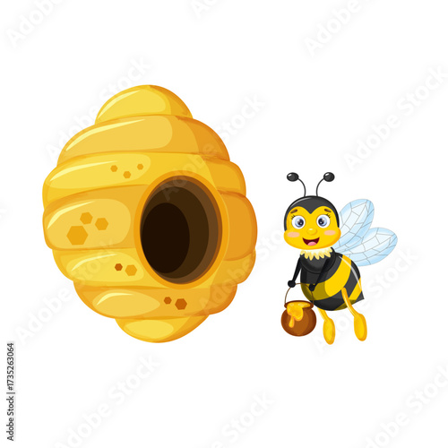 Illustration of a beehive. An image of a beehive with a bee. A bee flies into the hive with a bucket of honey.
