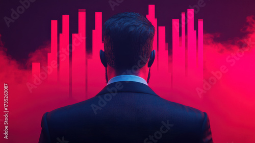 Confident businessman in suit stands facing glowing red bar charts with smoky background, symbolizing success and data analysis
