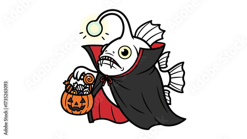 Anglerfish Halloween: An whimsical anglerfish dressed in a spooky vampire costume holds a jack-o'-lantern filled with treats for Halloween, capturing the playful spirit of the holiday
