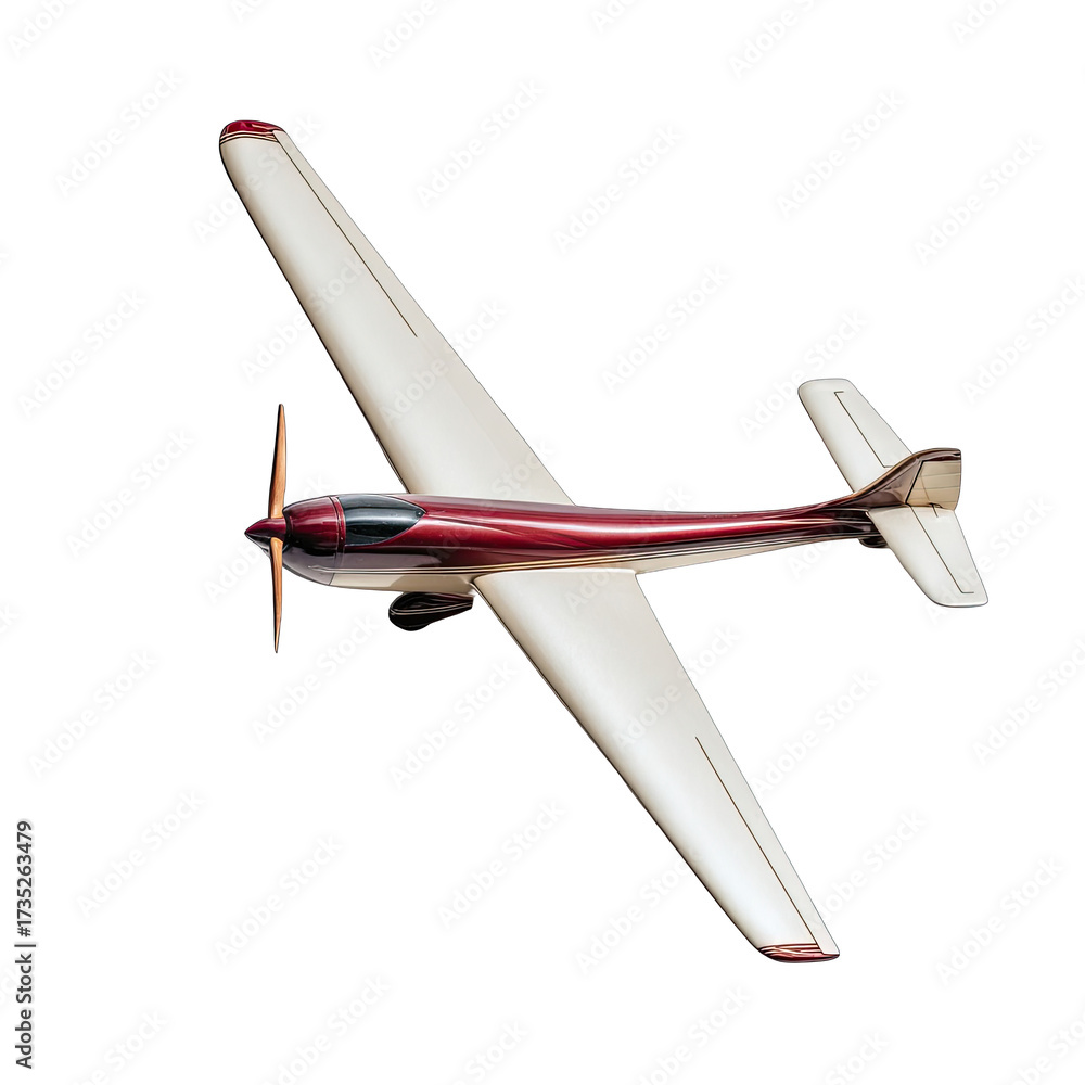 Naklejka premium Small, cream & red airplane, overhead angle, propeller visible