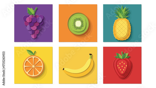 A colorful collection of six fruits, including grapes, kiwi, and pineapple, illustrated in a modern, layered paper-cut style against vibrant backgrounds.