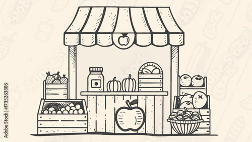 Illustration of a farmers market stand with produce like pumpkins apples and fruits on display and sale