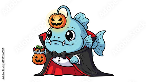Halloween Anglerfish: A charming illustration of an anglerfish decked out in a vampire costume, complete with a pumpkin and candy bag. Capturing the spirit of Halloween with whimsy and creative flair.