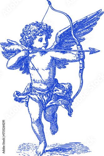 Vintage sketchy Cupid with bow and arrow in blue ink. Classical mythological cherub illustration for Valentine, decor, and cultural projects