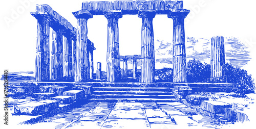 Pencil art ruins of an ancient Greek temple with columns. Vintage hand-drawn sketchy architectural illustration.