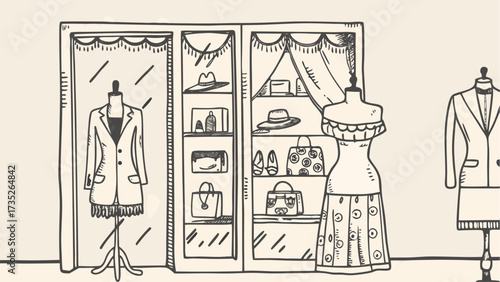 A fashion boutique scene with mannequins and a display cabinet filled with accessories and clothing items