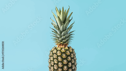 A whole ripe pineapple with a green leafy crown standing upright against a solid light blue background.