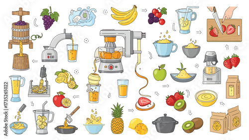 A colorful collection of hand-drawn illustrations depicting the process of making fresh fruit juice, smoothies, and purees with various appliances.