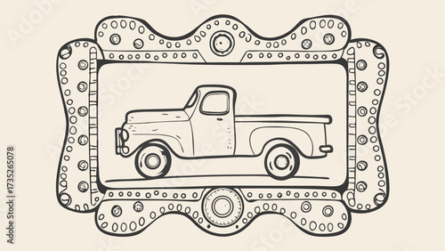 Vintage pickup truck illustration with decorative border featuring circles and geometric shapes design