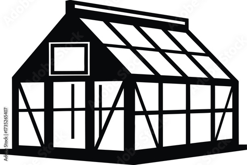Black and white illustration of a traditional greenhouse structure