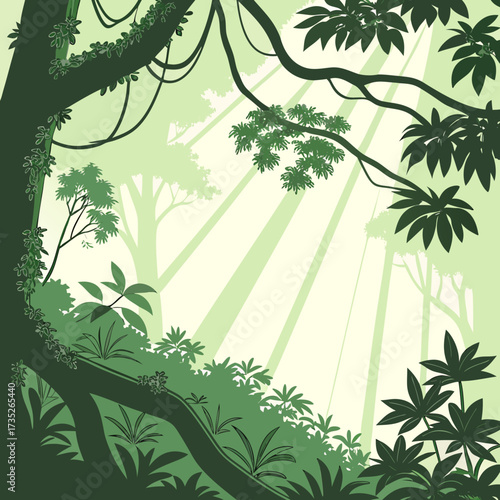 Vector art of sunlight streams through the dense jungle canopy, casting dappled shadows on the lush vegetation below, creating a vibrant and enchanting scene, a symphony of green
