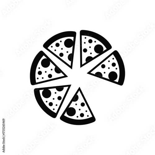 Vector art of black and white illustration of pizza slices arranged in a circle for food and restaurant