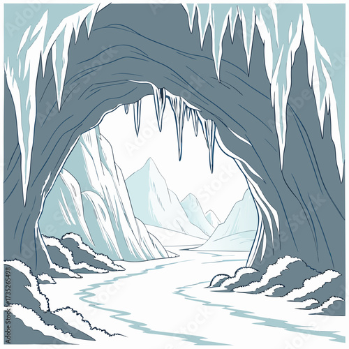 Vector art of a frozen ice cave reveals a winter wonderland with icicles and snowcovered mountains, creating a chilling yet beautiful scene of arctic exploration and natural wonder