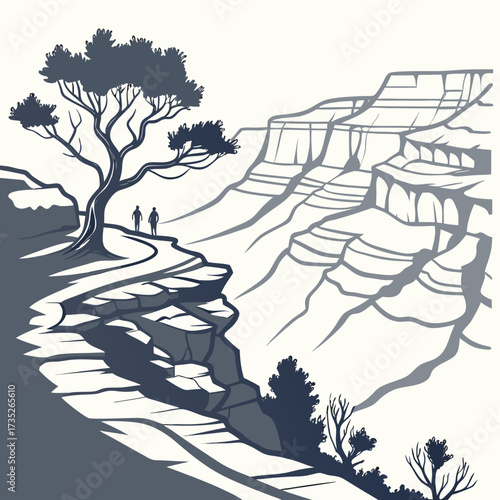 Vector art of two figures stand at the edge of a grand canyon, a tree providing shade as they gaze upon the vast landscape, showcasing the beauty and scale of nature