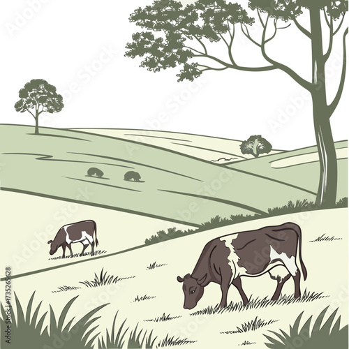 Vector art of pastoral landscape with cows grazing in a field under a tree vector illustration of a peaceful countryside scene in green and brown colors
