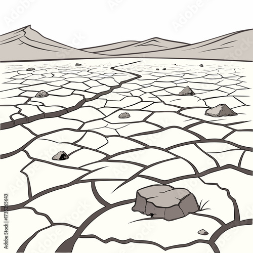 Vector art of a stark vector illustration of a cracked desert landscape with scattered rocks and distant mountains, conveys a sense of desolation and aridity