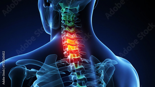 Human cervical spine with inflammation anatomy blue