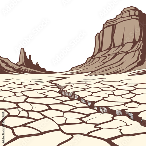 Illustration of a cracked desert landscape with mesas and buttes in the background, the cracked earth suggests drought and aridity in a barren environment