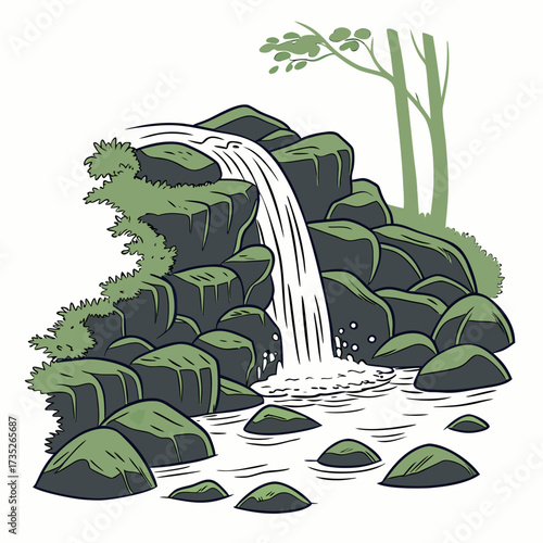 Illustration of a waterfall cascading over rocks with lush greenery, the scene depicts a serene and natural setting with water and foliage
