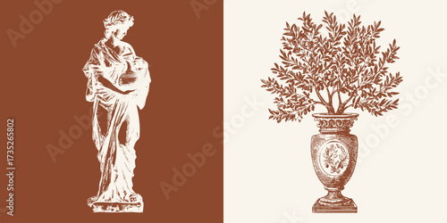 Vector engraving of classical goddess statue and ornamental vase with olive tree.