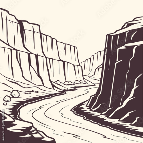 Vector art of monochrome illustration of a grand canyon with a river flowing through it, showcasing the majestic rock formations and the natural beauty of the landscape