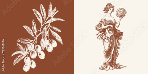 Greek woman with fan and olive branch. Vintage pencil sketchy mythological illustration.