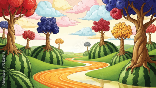A whimsical, surreal landscape where trees with berry canopies grow from giant watermelon hills under a colorful sky.