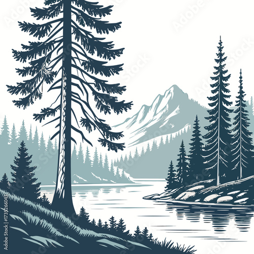 Vector art of a serene vector illustration showcases a tranquil mountain lake scene with towering pine trees, reflecting the majestic peaks in the calm water