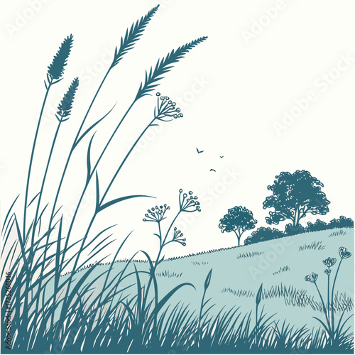 Vector art of a serene vector illustration depicts a grassy hillside with wildflowers and trees, capturing the essence of a tranquil meadow scene