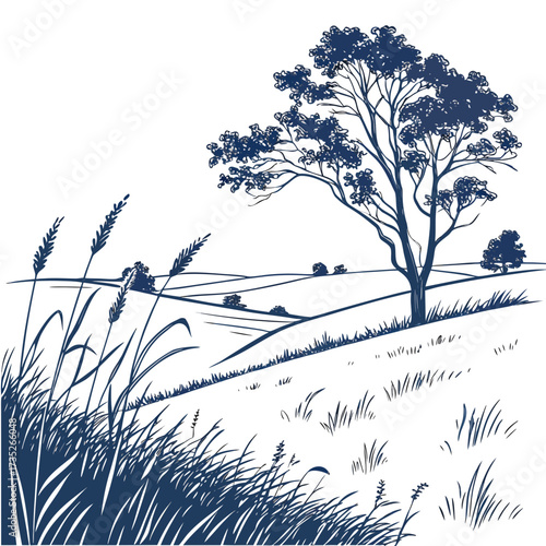 Vector art of a peaceful vector illustration captures a rolling hillside with a solitary tree, tall grass, and gentle slopes, evoking a sense of rural tranquility