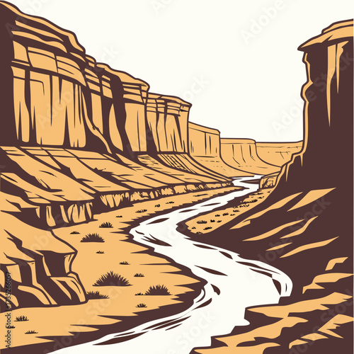 Vector art of a striking illustration captures a winding river snaking through a vast canyon, framed by imposing rock walls, evoking a sense of grandeur and exploration